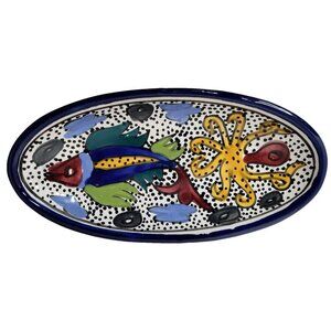 Vintage Mexican Art Pottery Oval Fish Serving Dish Nautical Ceramic Hand Painted